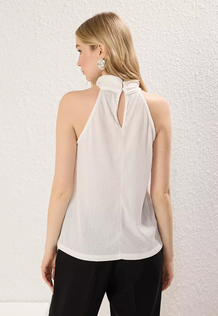 Ecru Regular/Normal Pattern Stand Collar Fit Pleated Flexible Knitted Blouse TWOSS23BZ00952