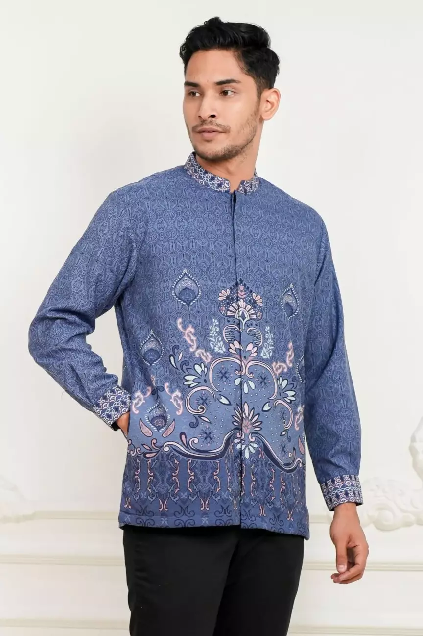 Sarimbit Akasya Blue Kemeja Pria  Koko Lengan Panjang Regular Fit Furing