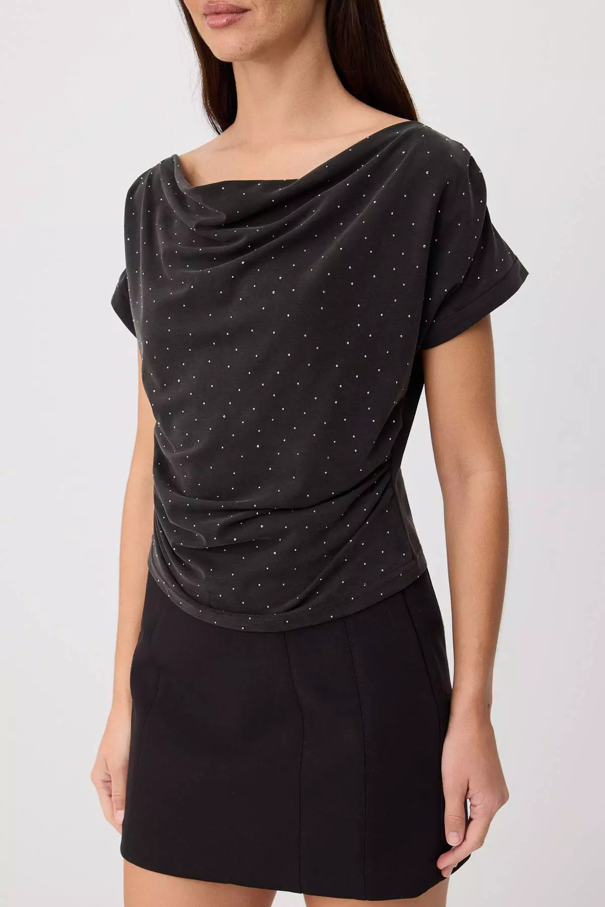 Black Premium Lyocell Content Soft Knitted Blouse With Degaje Collar Stone Detail Twoss26Bz00714