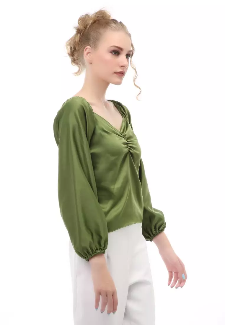 Cheva Blouse Casual Wanita Sabrina Kerut Dada Lengan Panjang Material Satin ORIGINAL - Army Green