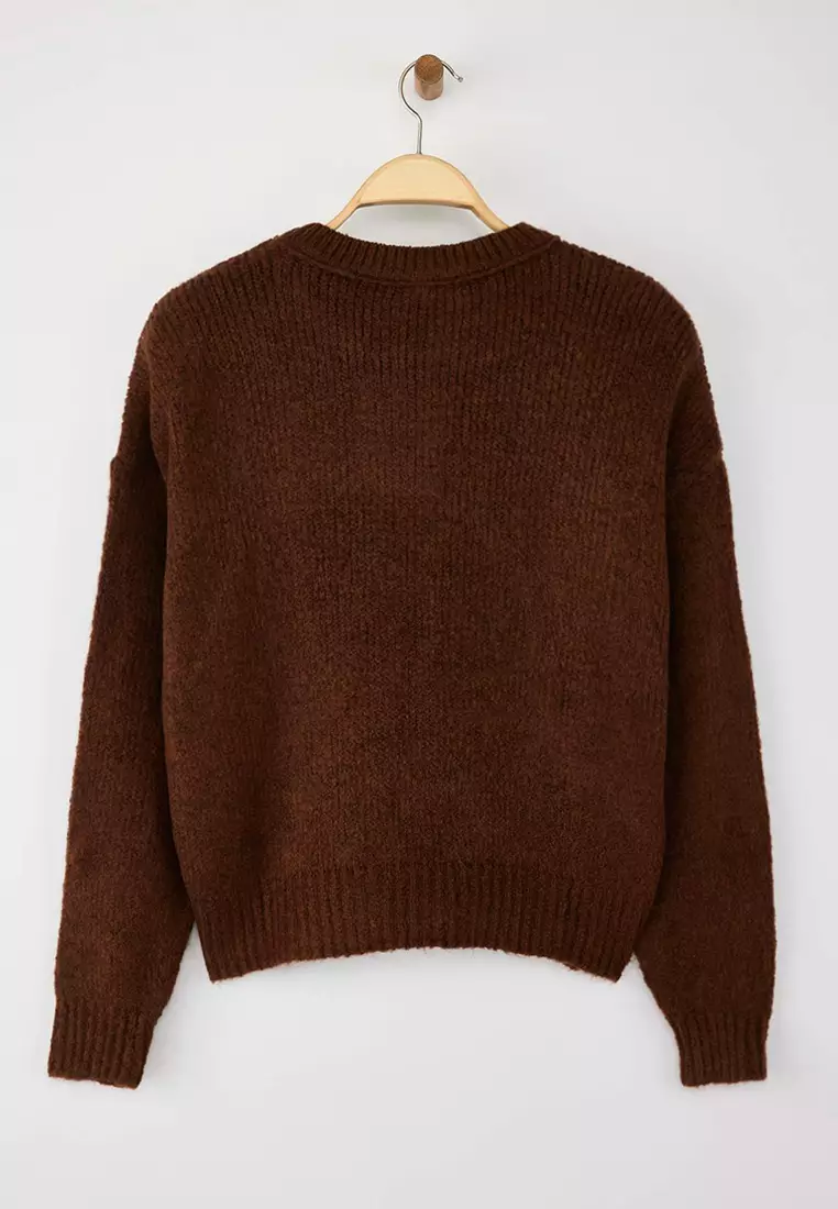 Brown Wide Fit Soft Textured Basic Knitwear Sweater