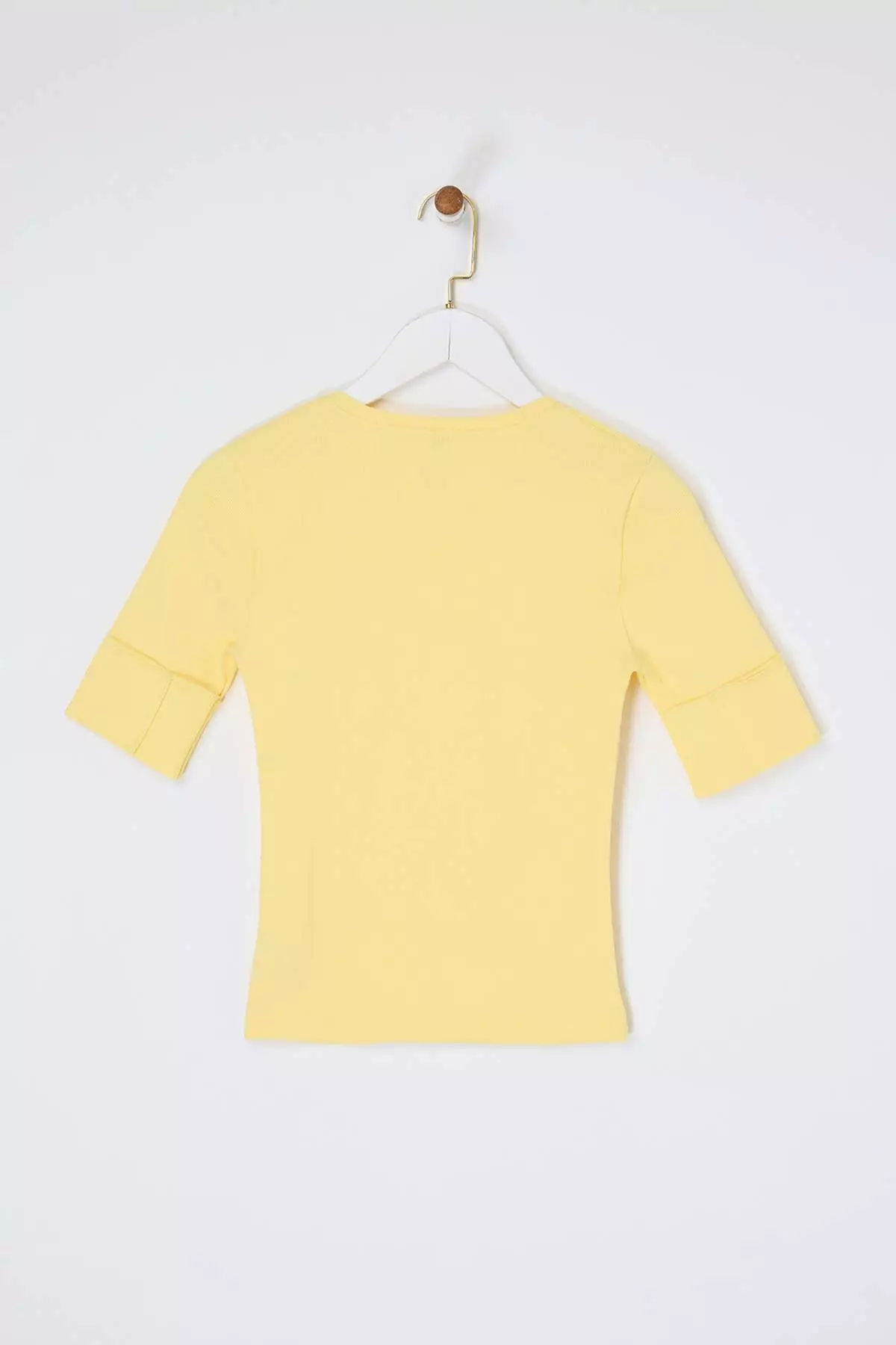 Limited Edition Yellow Fitted Short Sleeve Buttoned Corded Fabric Stretchy Knitted Blouse Twoss26Bz00473