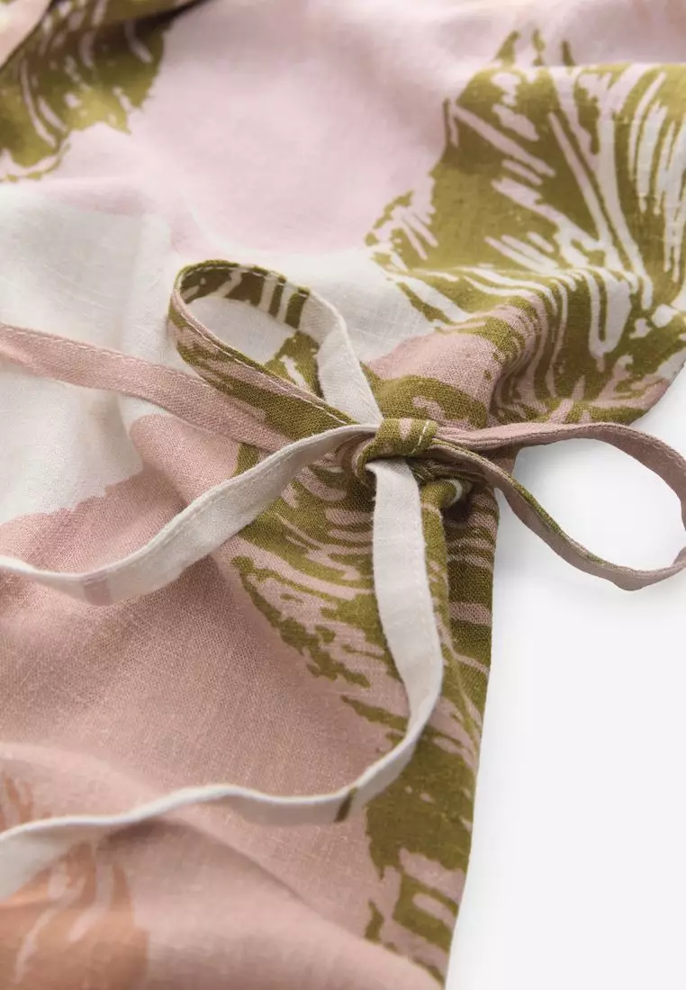 Short Sleeve Tie Waist Midi Shirt Dress with Linen