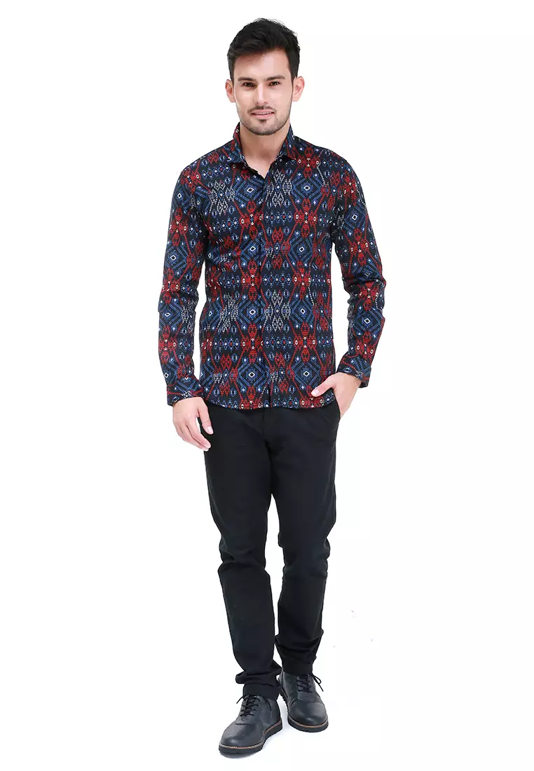 Dwan Kemeja Batik Pria Luxury Atasan Formal Longsleeve Shirt Material Cotton ORIGINAL - Red