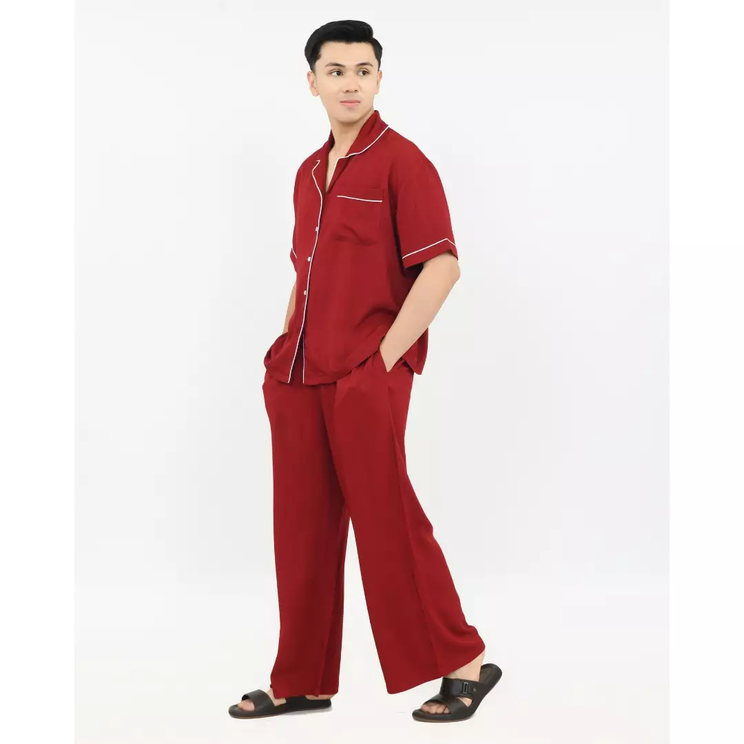 S/S COUPLE PIYAMA COTTON TENCEL Setelan Baju Tidur Pria Wanita MERAH
