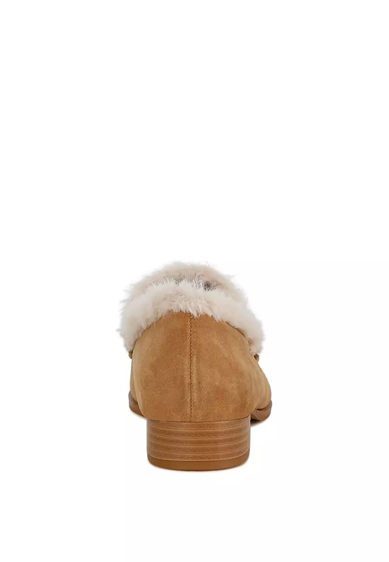 Fur Trim Suede Loafers in Beige