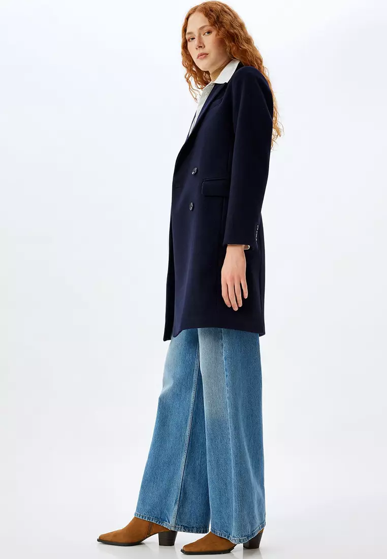 Long Cashmere Coat Double Breasted Buttoned Pocket