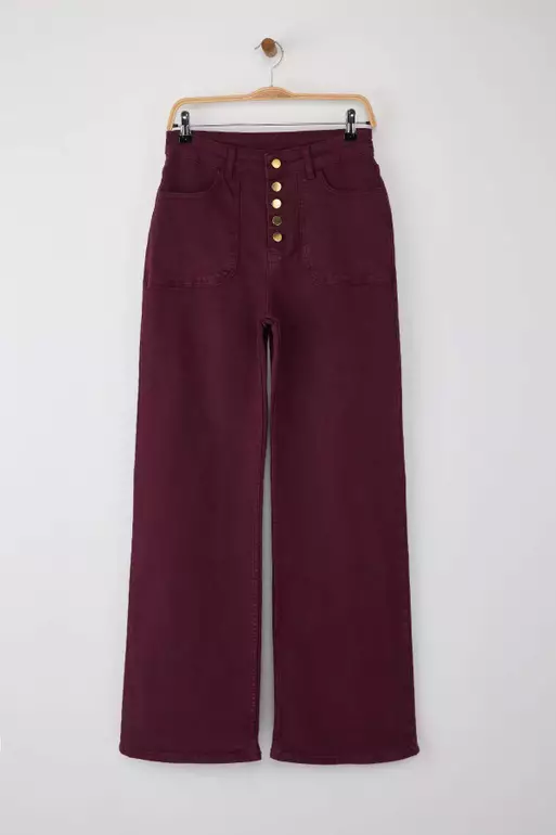 Burgundy Button Detailed High Waist Wide Leg Comfort Jeans