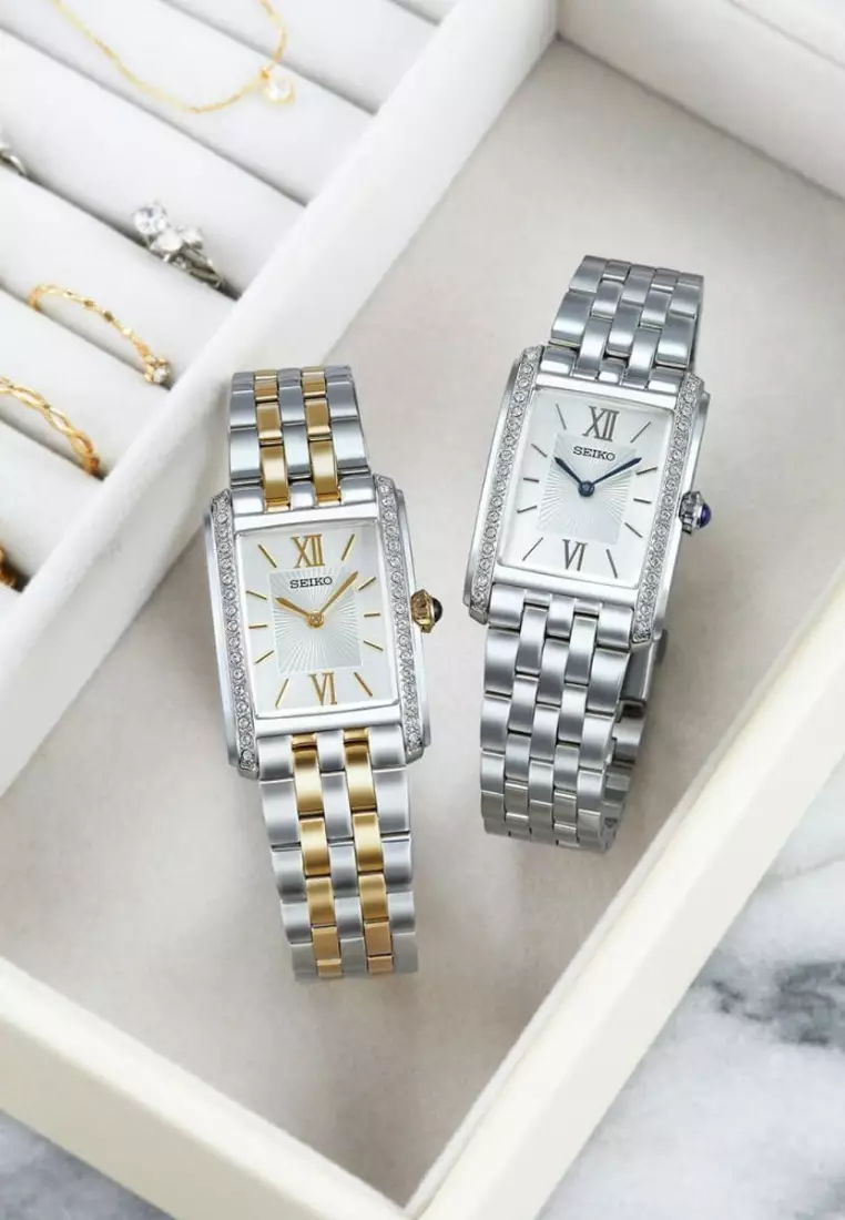 Seiko Lady Classic Collection Rectangle Case Silver Dial Two-Tone Stainless Steel Band Quartz Watch SWR093P1