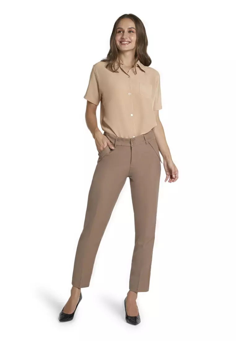 Fitzgerald Celana Kerja Motif Solid Trousers Bawahan Wanita Formal - Mocca
