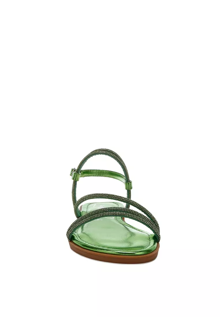 Rhinestone Strappy Flat Sandals in Green