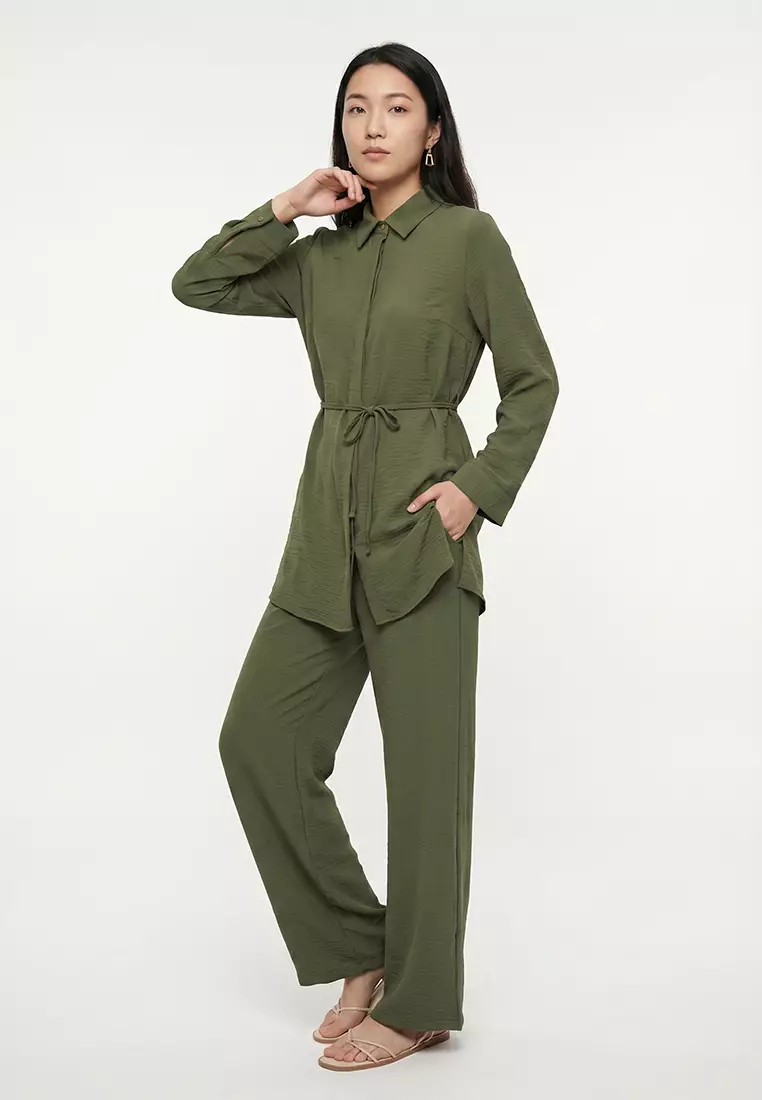 Khaki Waist Tie Detailed Aerobin Shirt-Pants Woven Bottom-Top Set TCTSS25US00034