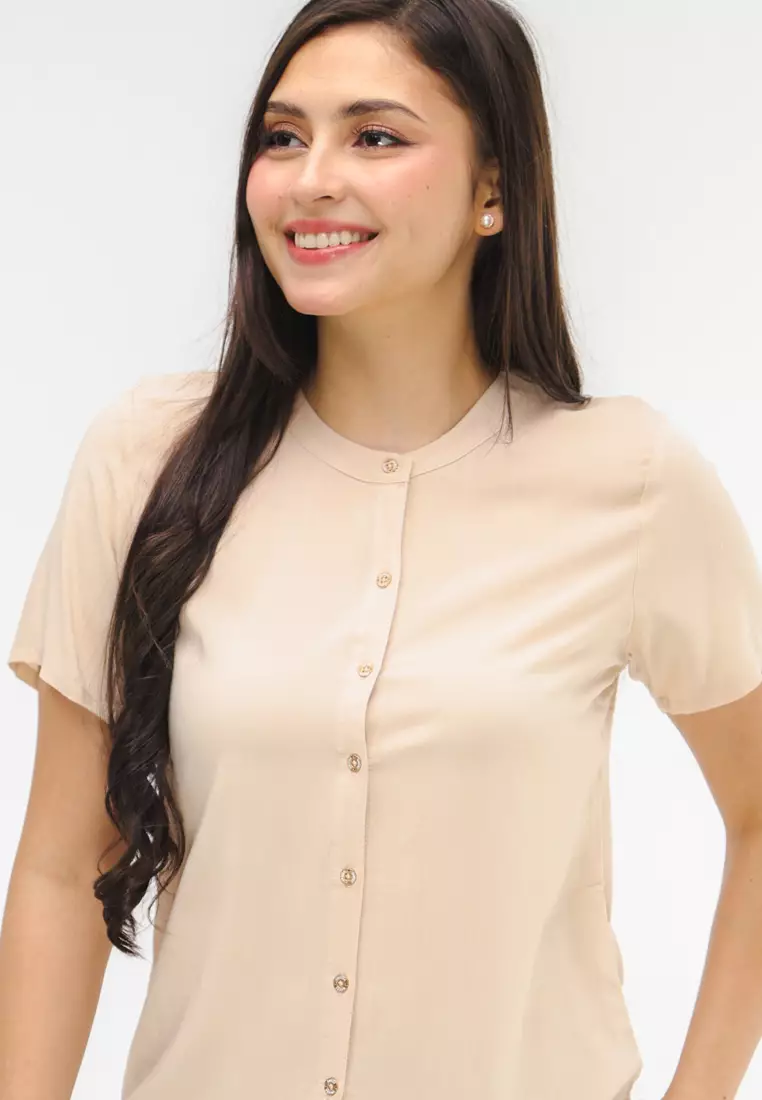 Woven Plain Rayon Short Sleeves Blouse