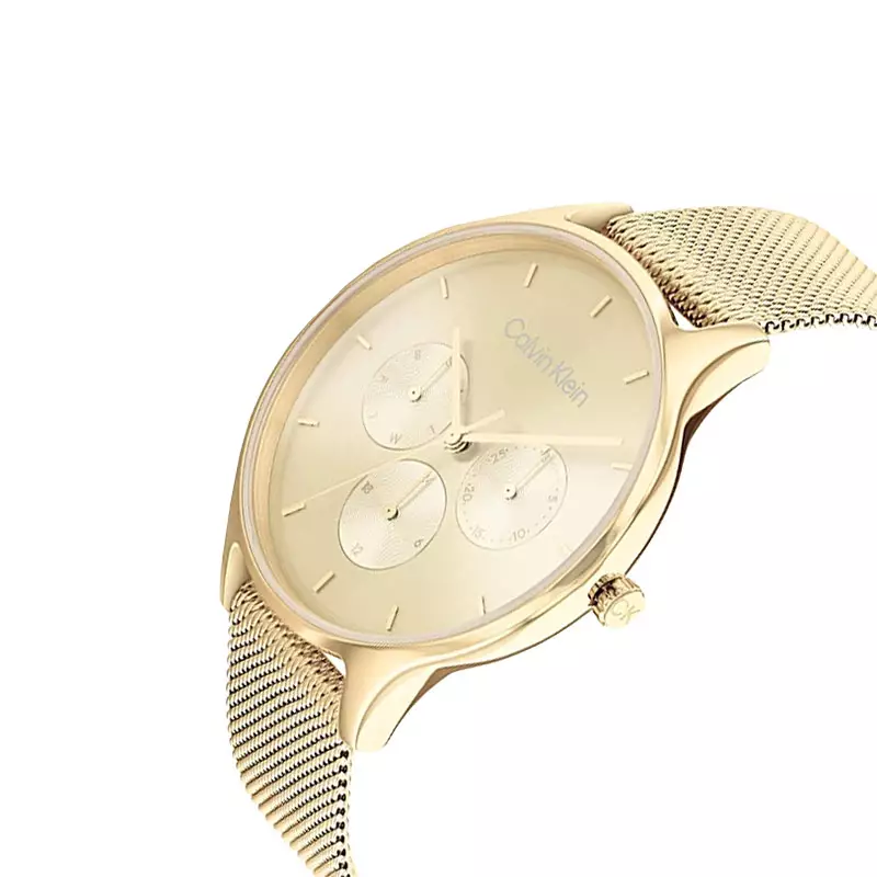 Jam Tangan Wanita Calvin Klein Timeless Multifunction 25200103 Ladies Gold Dial Gold Mesh Strap