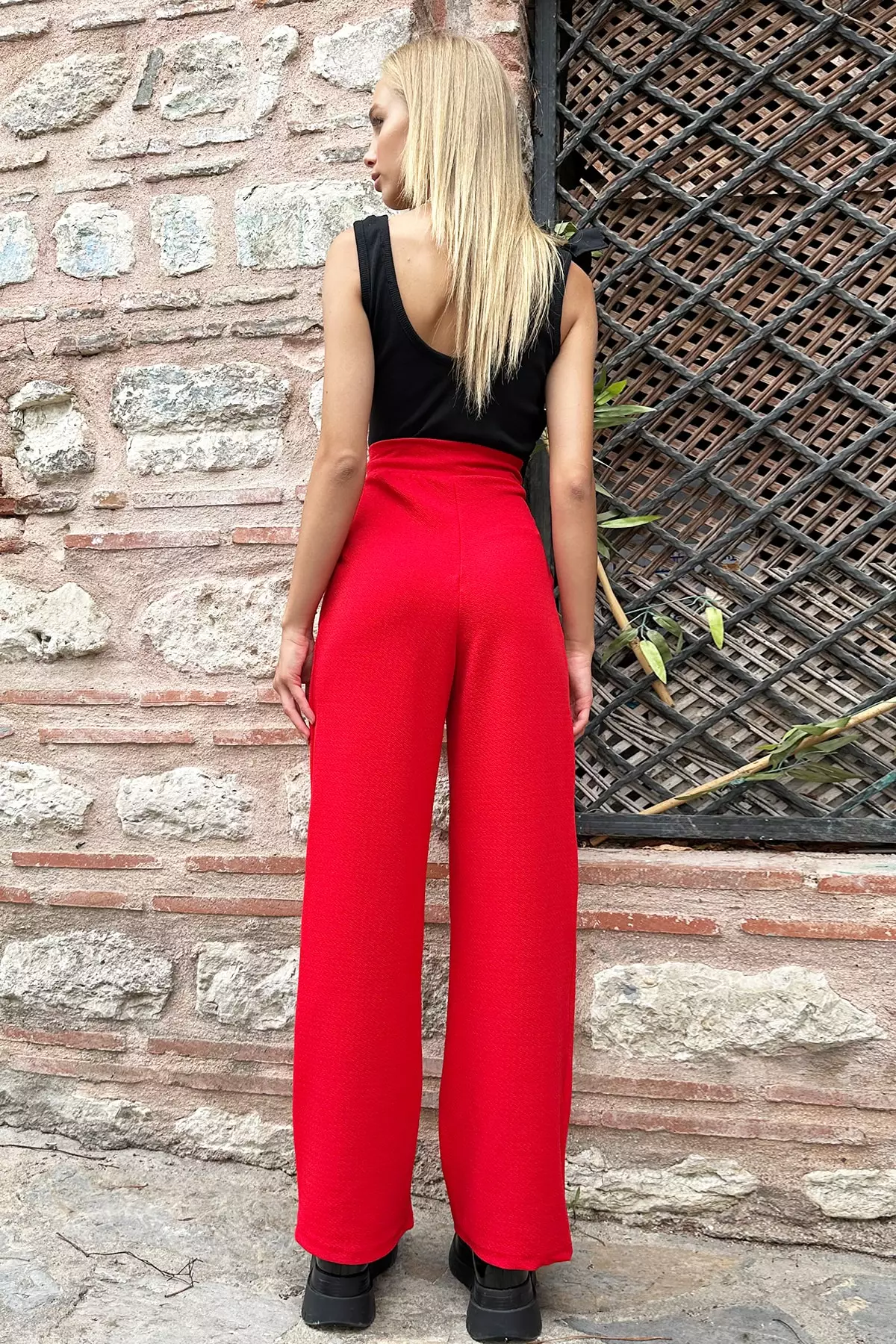 Buy Alacati Red High Waist Double Pockets Pleated Palazzo Pants with ...