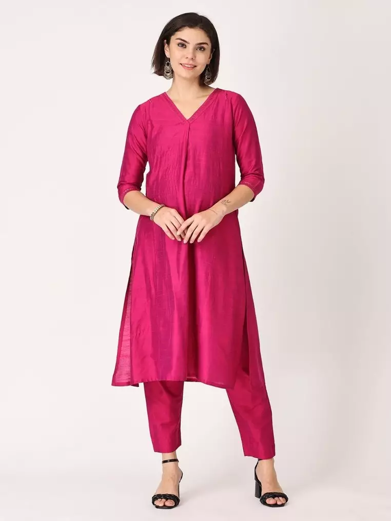Embroidered Maternity Silk Kurta Set with Nursing - Magenta