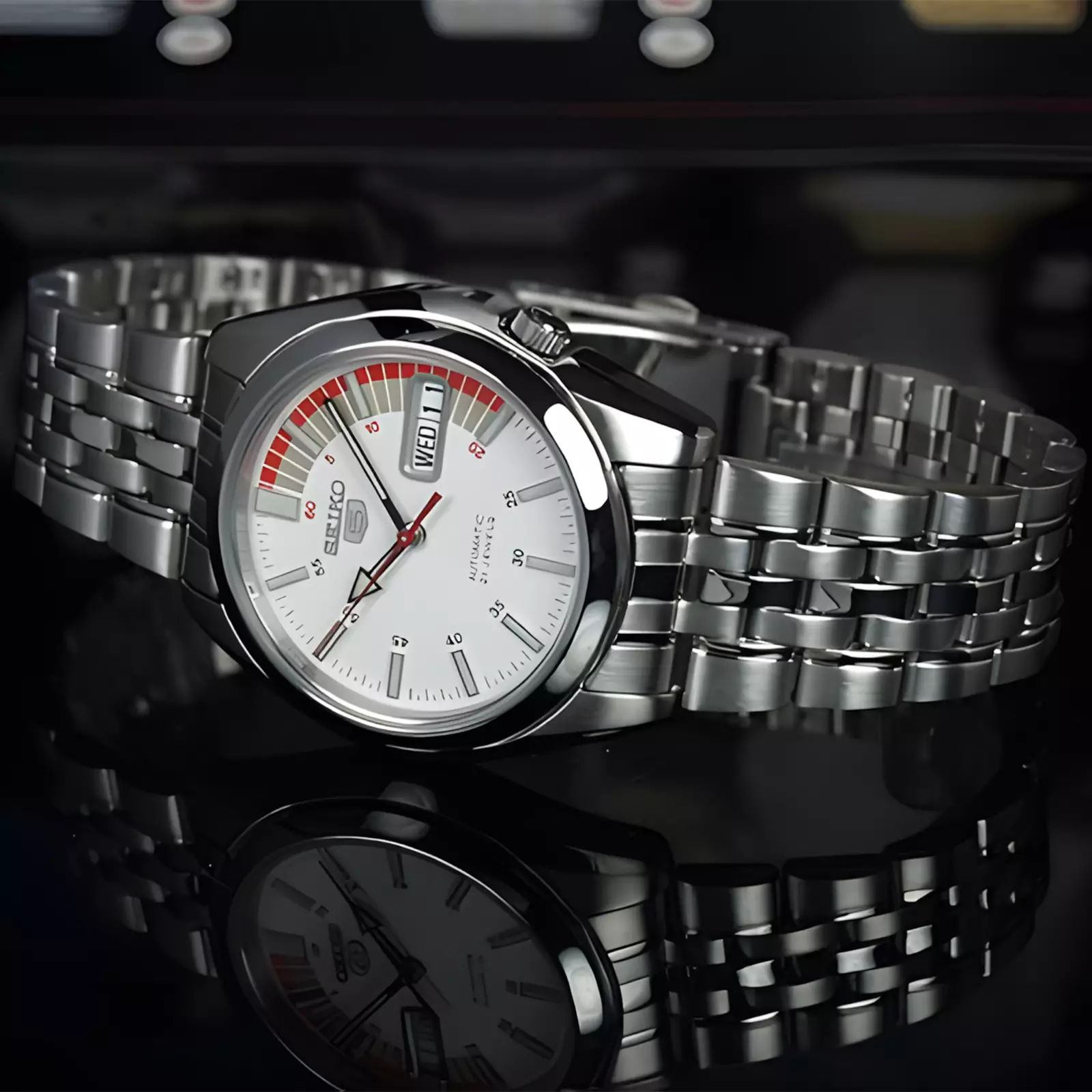 Seiko 5 Automatic 21 Jewels - Jam Tangan Analog Pria - White Dial - All Stainless Steel - SNK369K1