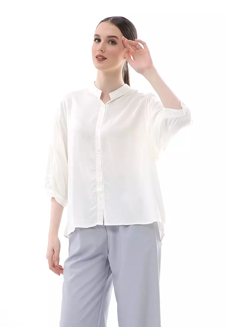 Ghita Kemeja Atasan Wanita Motif Polos Long Sleeve High Quality - Putih Gading