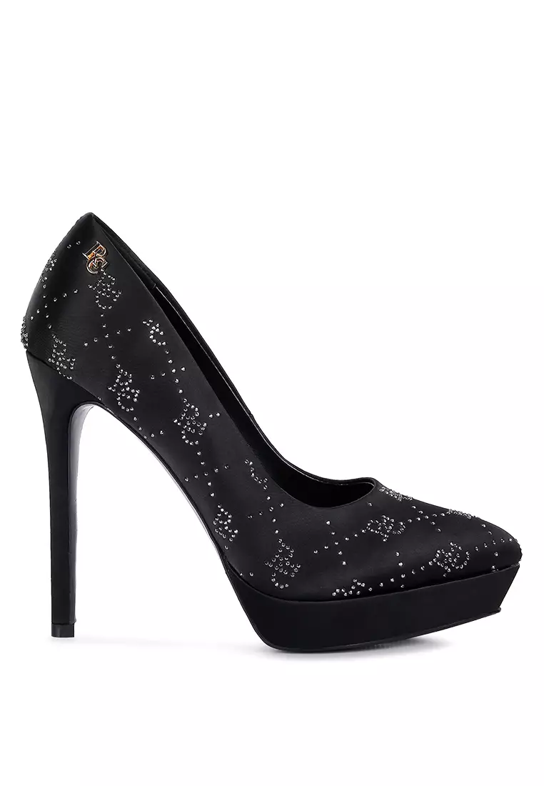 Discount on Rag & Co.  shoes - SKU: Black Monogram Satin Stiletto Pumps