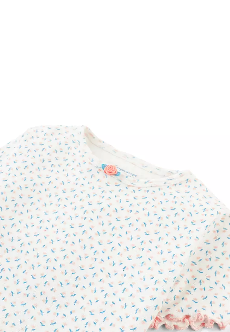 Anya Pointelle Tee with All-Over Floral Print and Satin Bow in Off-White