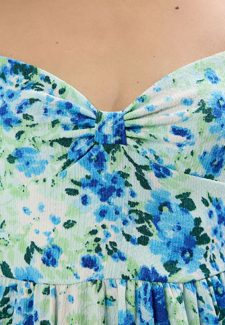 Blue Floral Printed Strappy V Neck Pleated Skirt Flounce Ribbed Flexible Maxi Knit Dress Twoss25El00239