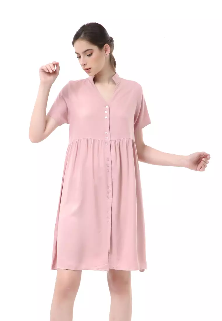 Rachel Dress Wanita Lengan Pendek Full Kancing Stylish Material Cotton ORIGINAL - Dusty Pink