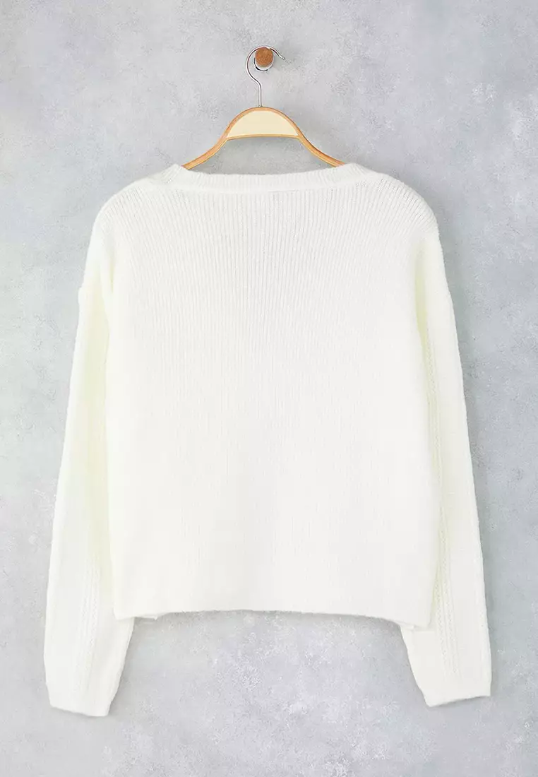 Ecru Soft Textured Sleeve Embroidery Detailed Wide Fit Knitwear Cardigan