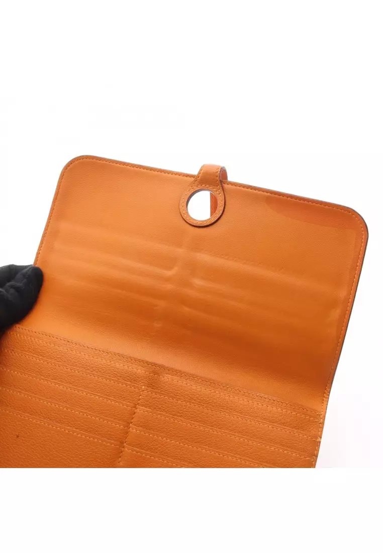 Pre-Loved Hermès dogon long Bi-fold Long Wallet Evercolor orange silver hardware D stamp