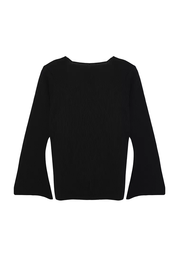 Black Square Neck Ribbed Button Knitwear Blouse Tbbaw25Af00001