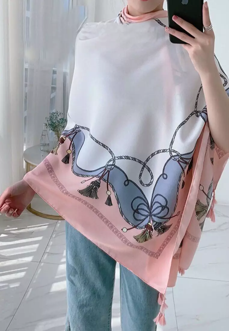 Aksesoris Wanita Ribbon Style Pattern Tassels Viscose Shawl Syal Wanita Pink & Multi