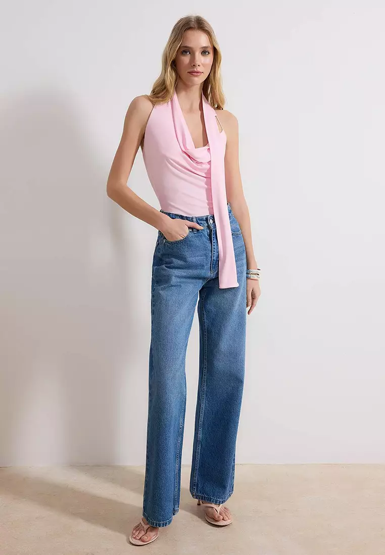 Pink Fitted/Degaje Collar Sleeveless Soft Knitted Blouse Twoss26Bz37