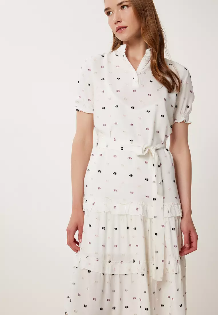 Women's Bone Pink Polka Dot Textured Summer Crinkle Dress Tp00055
