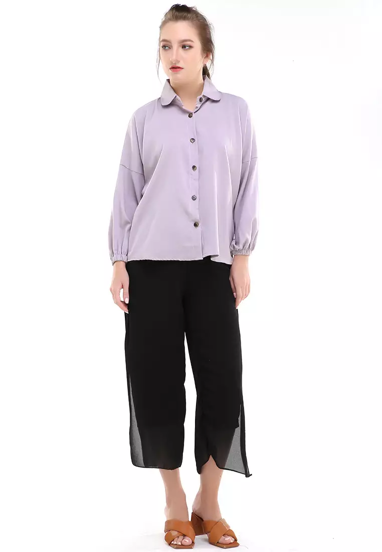 Narya Blouse Lengan Panjang Rubber Sleeves Atasan Wanita Regular Fit - Grey