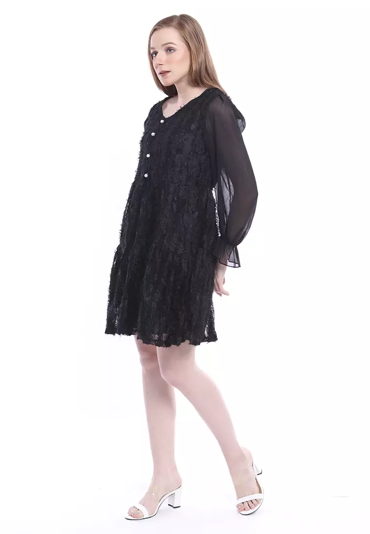 Ariel Mini Dress Wanita Long Sleeves Baju With Furry Design Elegant Regular Fit - Black