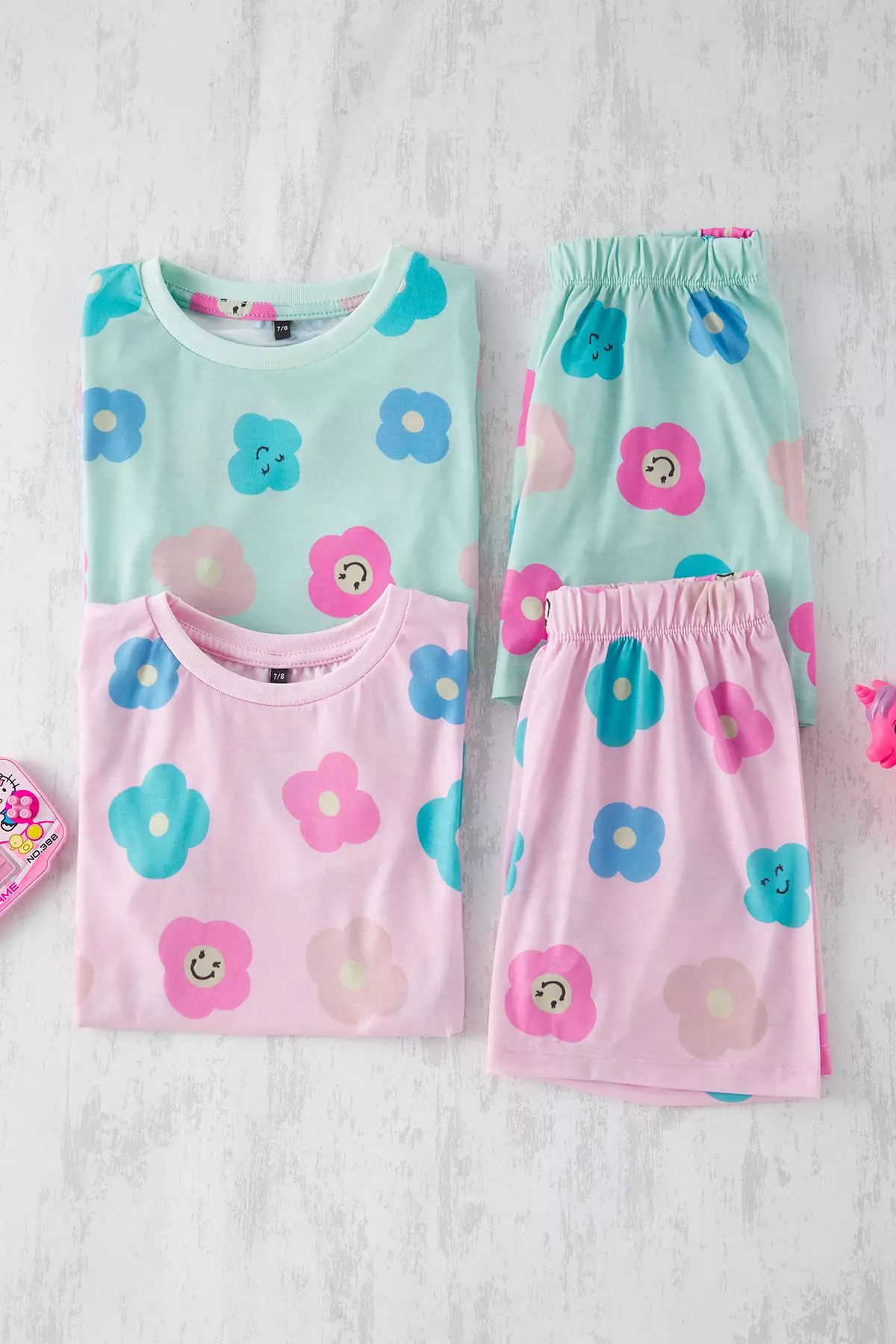 Pink-Mint 4Pcs Girl Floral Pattern Short Sleeve T-Shirt-Shorts Pajamas Set Tkdss25Pt00020