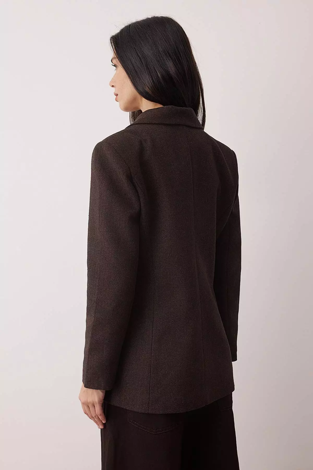 Brown Check Herringbone Double-Breasted Fitted/Fitted Fit Woven Blazer Jacket Twoaw26Bc37