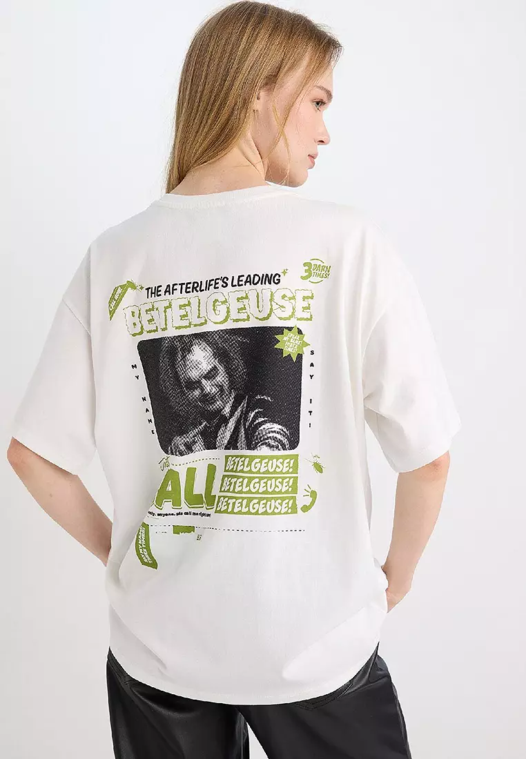 Cool Beetlejuice Oversize Wide Pattern Crew Neck Printed Short Sleeve T-Shirt