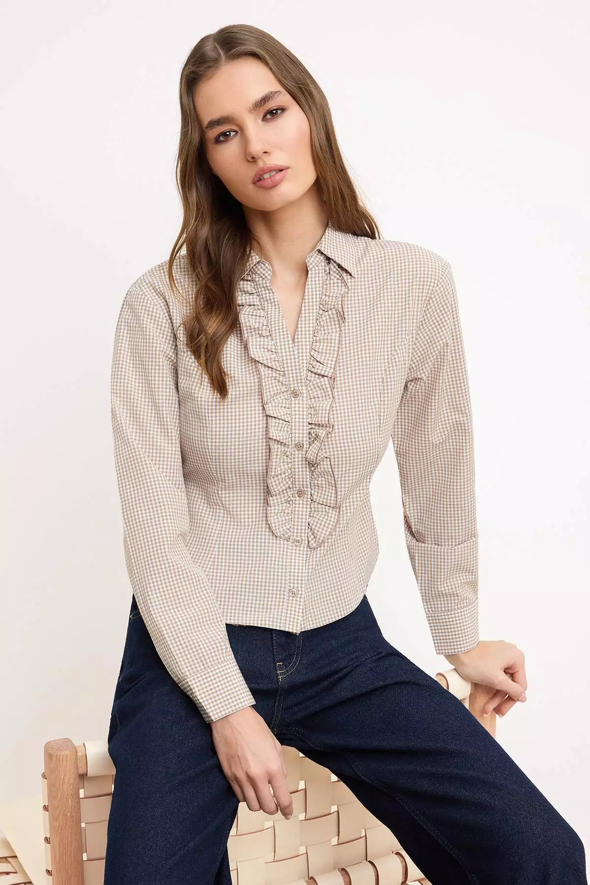 Brown Gingham Ruffled Shirt Twoss26Go3