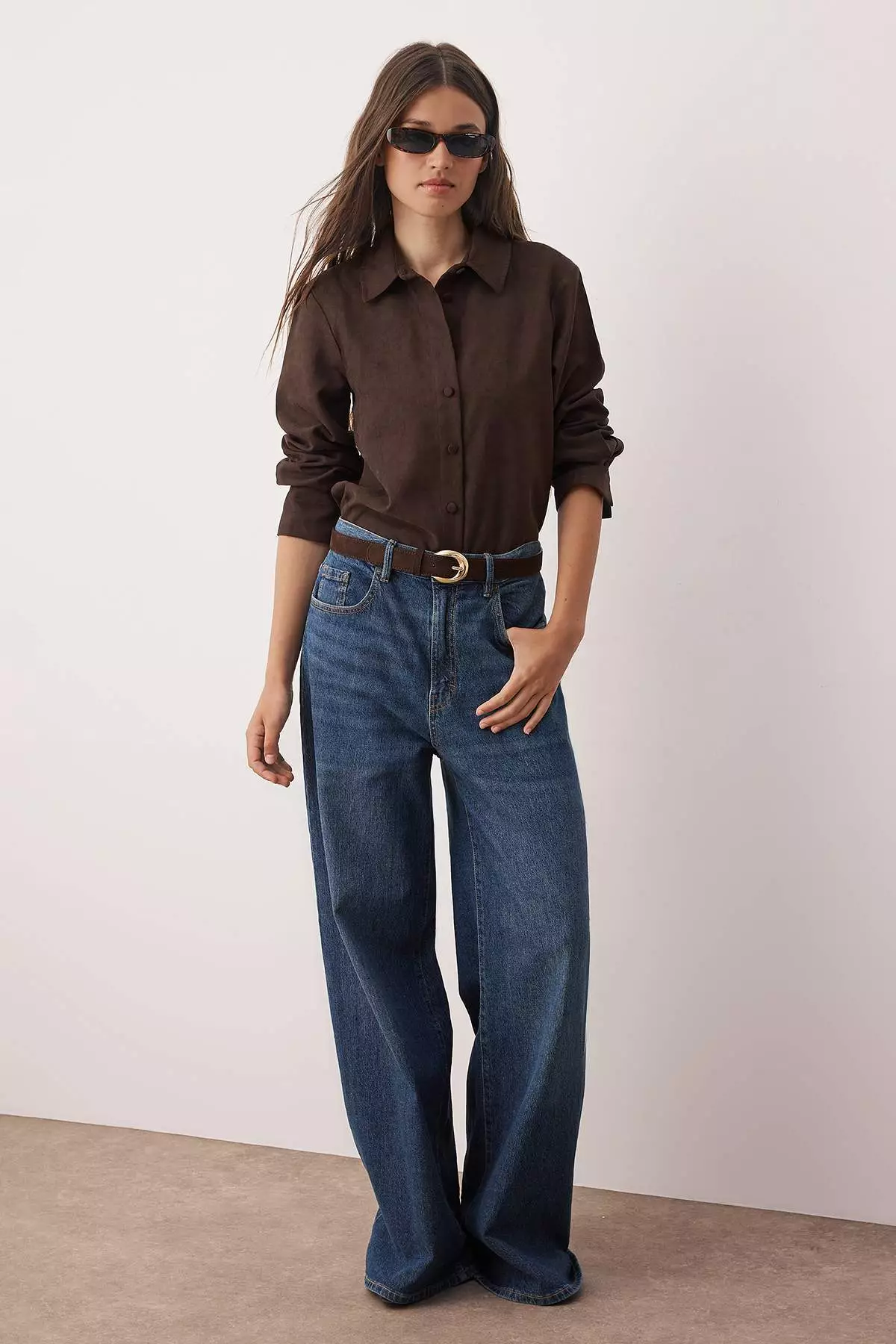 Dark Brown Regular Fit Suede Shirt Twoaw26Go00027