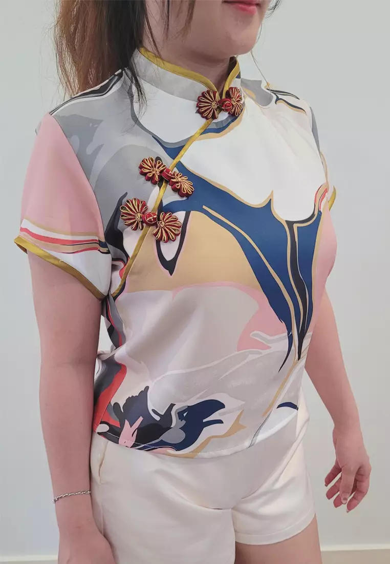 Ivory Cheongsam Cap Sleeves Top Red White Printed Batik