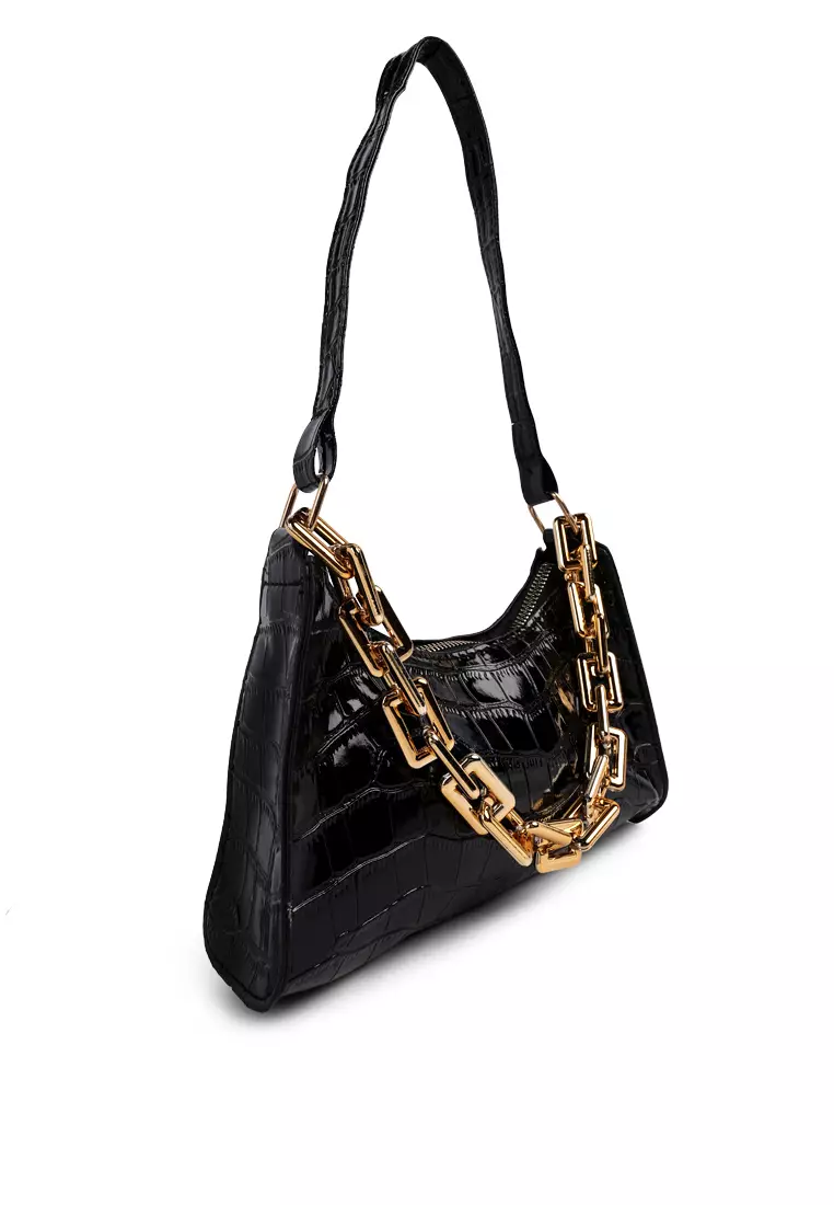 Black croc best sale baguette bag