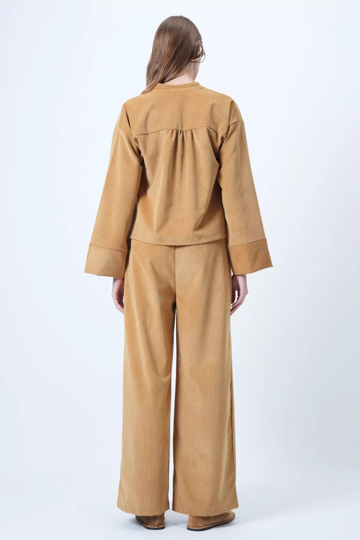 Camel Hakim Collar Gold Button Detailed Velvet Jacket And Palazzo Trousers Two-Piece Set Alc-X14633