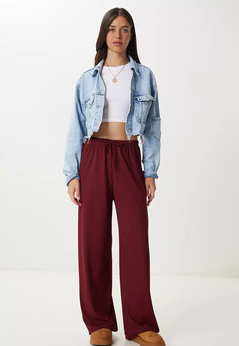 Women's Burgundy Wide Leg Comfortable Knitted Trousers Pb00054
