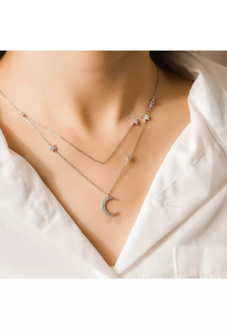 Match The Stars Moon and Stars Cubic Zirconia Rhodium Necklace with 925 Sterling Silver