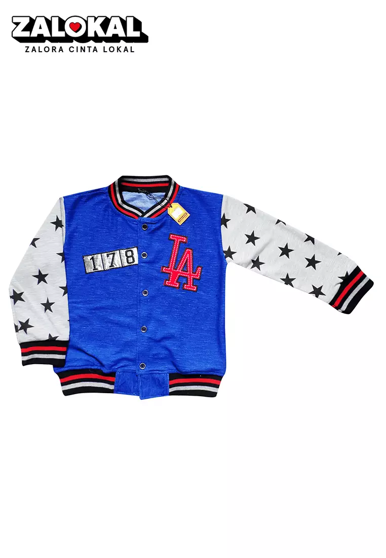 Wakakids Pakaian Bayi Anak Laki Laki Baju Atasan Jaket Varsity Motif LA Usia 6 Bulan Hingga 3 Tahun 2188 - Biru