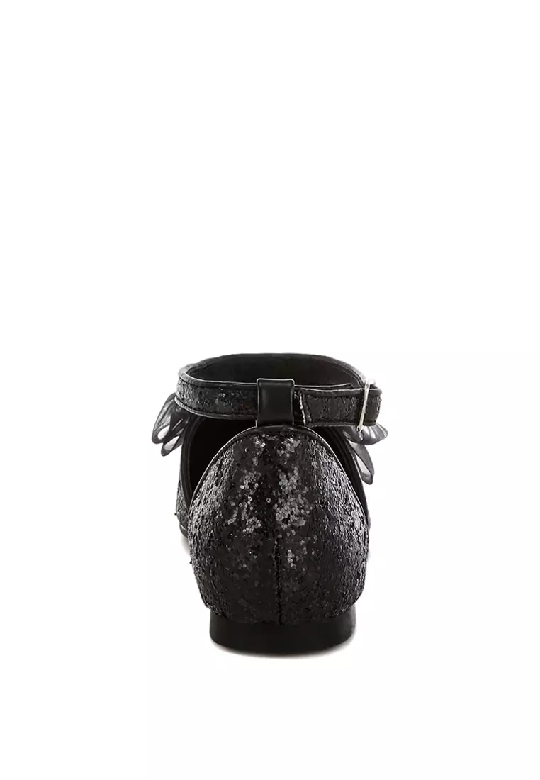 Sheer Bow Detail Glitter Flat Sandals in Black