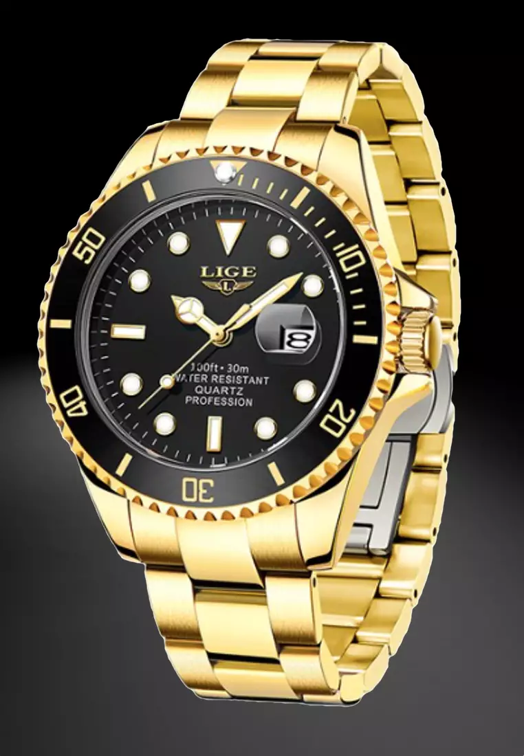 Unisex Classic Diver's Gold Color Stainless Steel Quartz Watch with turning Bezel on Gilded Steel Bracelet