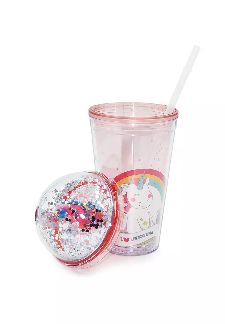 Wakakids Gelas Tumbler Cup Glitter Funny Dino Botol Minum Aesthetic Lucu Free Sedotan 450ML Merah