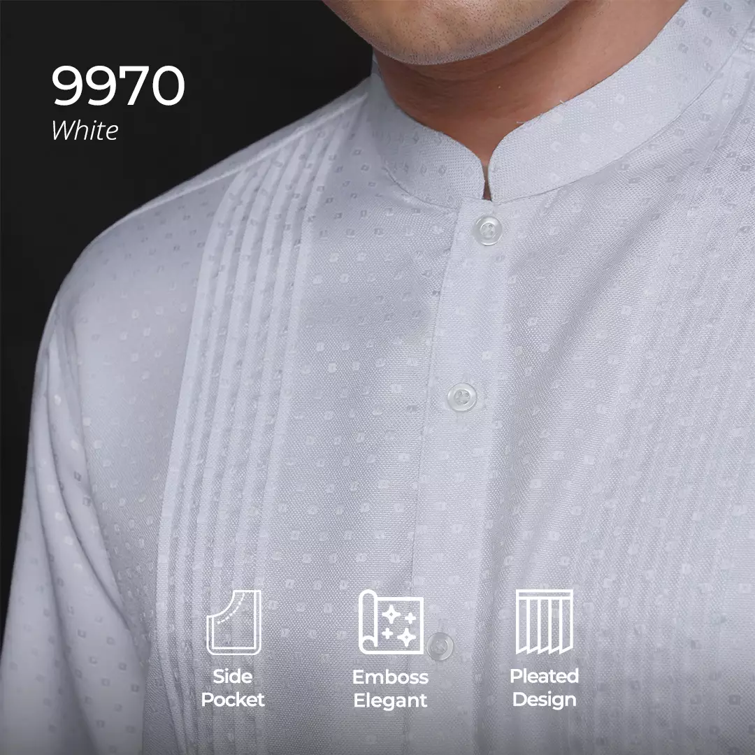 Casella Baju Koko Pria Lengan Panjang Pleats Design | Baju Koko Putih Lengan Panjang 9970 White