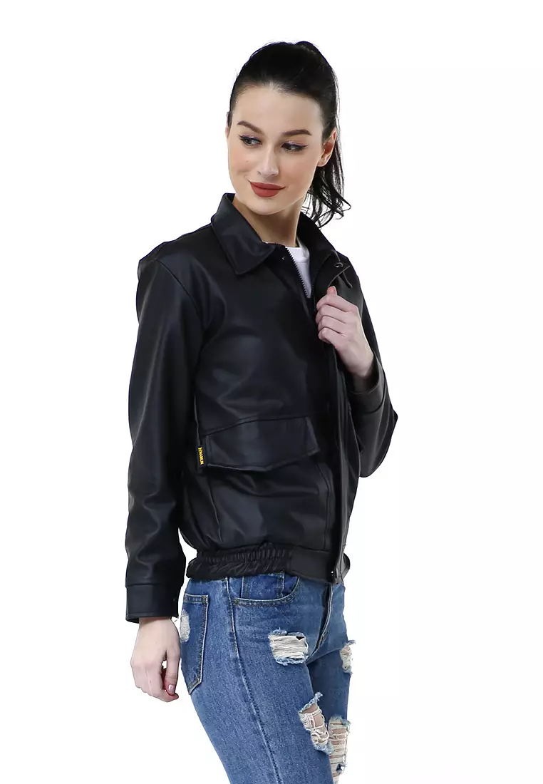 Poppy Jaket Kulit Wanita Big Pocket Motif Polos Material Leather ORIGINAL - Black